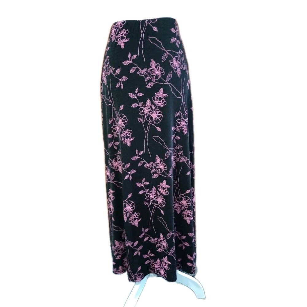 Vtg Slouchy Stretchy Floral Maxi Skirt Black Pink Fairy Whimsy Art Sz S Cottage - Picture 4 of 7